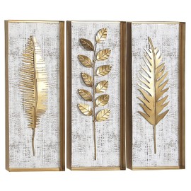 Deco 79 Metal Leaf Framed 3D Wall Decor with Distressed Wood Backing, Set of 3 12"W, 32"H, Gold