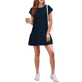 BLENCOT Tshirt Dress Women Spring Short Sleeve Round Neck Casual Loose Fit Smocked Hem Cute Juniors Trendy Summer Outfit Tiered Mini Dress X-Large Navy Blue