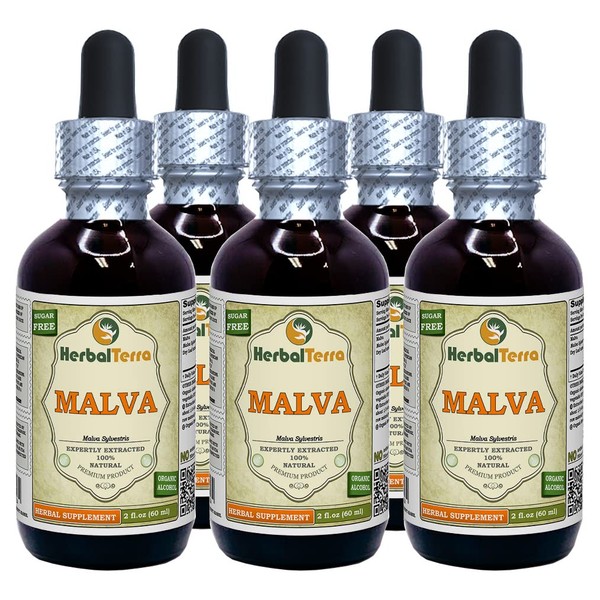 Malva (Malva Sylvestris) Wildcrafted Dried Leaf Liquid Extract (Brand Name: HerbalTerra, Proudly Made in USA) 5x2 oz
