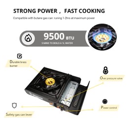 Waymult camping stove BDZ-155A CSA listed, powerful heat output with brass burner, equipped windproof shield, butane fuel sinle burner camp stove. Professional portable camping stove set for outdoor.