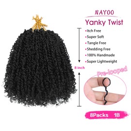 NAYOO Pre-Looped Yanky Twist Crochet Hair - 8 Inch 8 Packs (30 Stands/Pack) Spring Mini Twist Short Bob Passion Twist with Curly Ends Synthetic Pre-Looped Crochet Hair for Black Women (8 Inch, 1B)