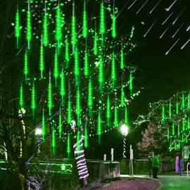 Blingstar Meteor Shower Lights 16 Inch 360 LED 10 Tubes Green Christmas Lights Outdoor Waterproof Falling Rain Lights Plug in Dripping Icicle Lights for Tree Front Yard Porch Roof Holiday Decoration