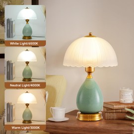 Table Lamps for Bedroom Vintage Golden Table Lamps for Bedroom Ceramic Retro Lamp for Living Room,16" Modern Bedside Nightstand Traditional Lamps, Classic Chinoiserie Green Glass Lamp for Home Decor