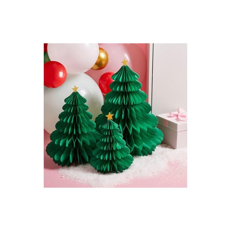 3 Green Christmas Tree Honeycomb Decorations, Pop Up Paper Christmas