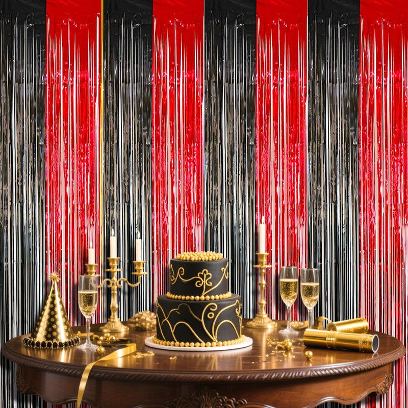 4pcs Black Red Foil Curtain, 3.2ft x 6.5ft Black Red