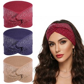 Rhinestone Wide Headbands for Women, 3 Pcs