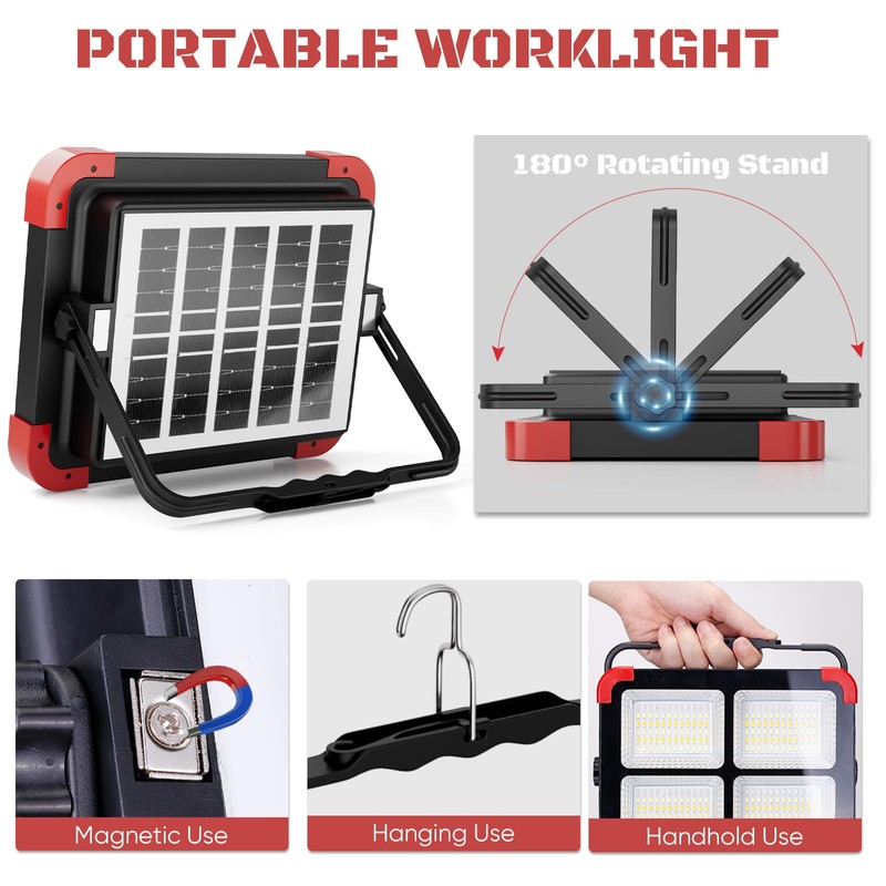 100W Solar LED Work Light - Ultra Bright Portable Magnetic