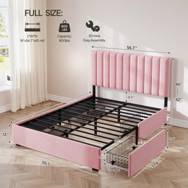 Full Size Upholstered Bed Frame with Headboard & 4 Drawers, Pink