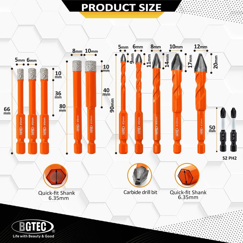 BGTEC Diamond Drill Bit Set 12PCS - 5MM+6MM*2+8MM+10MM Tile Bits