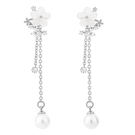 Silver Pearl Flower Dangle Earrings, Dainty Long Chain Dangle Pearl Drop Earrings for Women Shining Flower Wedding Jewelry Accessories for Brides Bridesmaids