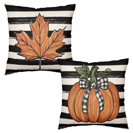 Wnoesat Fall Outdoor Pillow Covers 18x18 Set of 2 Pumpkin Maple Leaves Stripes Decorative Throw Pillows Autumn Thanksgiving Harvest Farmhouse Pillow Cases for Sofa Couch Bed Decor