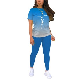 Nimsruc Biker Short Sets Women 2 Piece Outfits Summer Short Sleeve Jogger Tracksuit Matching Sweatsuits Blue Cross Print Gradient XXL