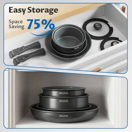 BEZIA Induction Cookware with Healthy Ceramic Coating, Nonstick Pots and Pans Set 10pcs with Detachable Handles, Induction RV Kitchen Set with Removable Handles, Oven Safe