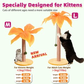 Cat Scratching Post 23.6 inch Cute Cat Scratcher Kitten Scratching Post with Sisal Rope for Indoor Cats Palm Tree Cat Scratching Post with Dangling Balls for Small Cats, Yellow