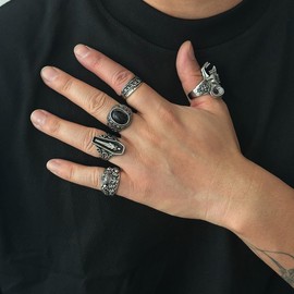 Vintage Silver Knuckle Rings Set for Men Women Adjustable Chunky Grunge Gothic Rings Stackable Punk Style Skull Cross Demon Wing Ring Set Gold Y2k Statement Ring Retro Hip Hop Biker Rock Halloween Jewelry (Silver 1)