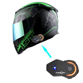1Storm Motorcycle Full Face Helmet Skull King Matt Green HJK311 + One Extra Clear Shield + Motorcycle Bluetooth Headset