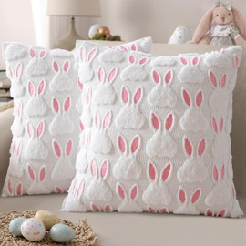 EMEMA Easter Pillow Covers 18x18 Inch Set of 2 Pink Bunny Ears Pattern Plush Faux Fur Jacquard Spring Easter Decorative Throw Pillows for Soft Couch Holiday Festivals Home Decor