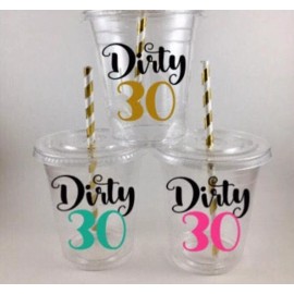 Party Dirty 30 Party Cups Set of 12 WITH Lids/Straws Thirty 30th Birthday