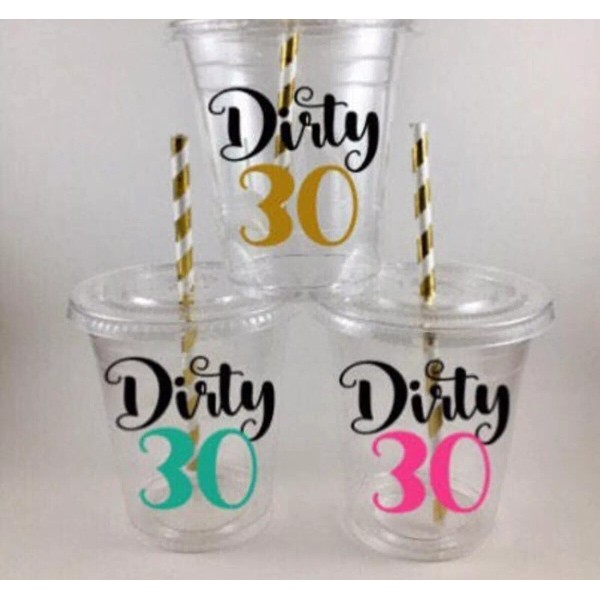 Party Dirty 30 Party Cups Set of 12 WITH Lids/Straws