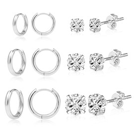 ALEXCRAFT 925 Sterling Silver Earrings for Women, 6 Pairs Hypoallergenic Shiny Diamond Zirconia Mini Ball Studs Earrings Silver Small Cartilage Huggie Hoop Earrings Set Silver Earrings Women