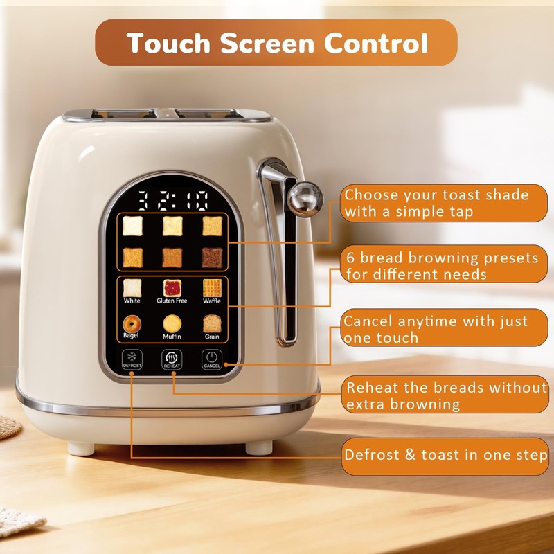 Mecity Toaster 2 Slice, Touch Screen Wide Slot Retro Toaster