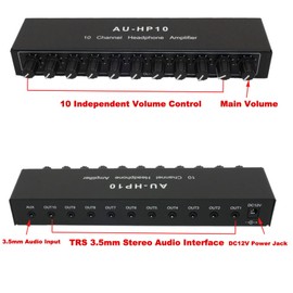 VQP 10 Channel Headphone Amplifier Amp, Stereo Audio Headphone Splitter Distributor, Aux Mini TRS 3.5mm Audio Interface & Cable, 12V 1A Power Adapter for Audio Mix Recording Studio Stage