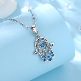 EUDORA Hand of Fatima Necklace for Women 925 Sterling Silver with Blue Evil Eye Cubic Zirconia Pendant Necklaces for Girl Sisters Lucky Jewelry Gift, 45CM