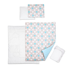 5 Piece Baby Bedding Duvet Pillow with Covers & Jersey Sheet fits 95x65cm Travel Cot (Blue Hearts)