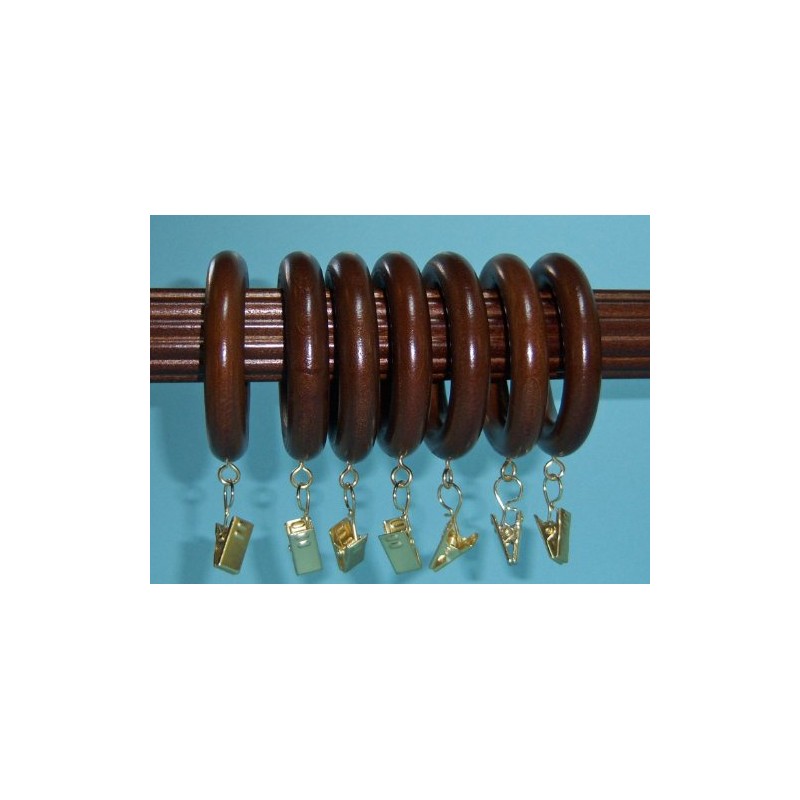 1-3/8" Solid Wood Drapery Rings with Brass Clips in Coffee