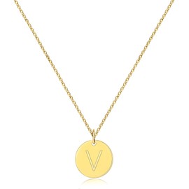 Gold Initial Necklace for Women Coin Pendant Chain Letter Necklace for Girls (V)