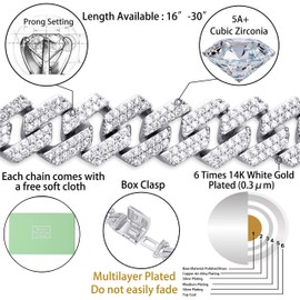 TOPGRILLZ Cuban Link Chain for Men 14mm 6 Times 14K Gold Plated Iced out Lab Diamond Miami Curb Cadenas De Oro Para Hombres Choker for Women with Box Clasp Hip Hop (White Gold, 16)