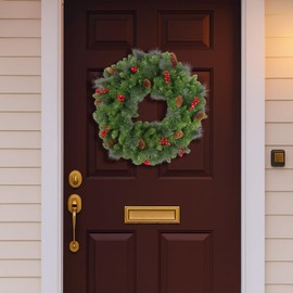 IOHEFY Prelit Artificial Christmas Wreath 20 Inch Front Door Wreath Pine Needles Pinecones Red Berries LED Lights for Indoor Outdoor Wall Window Farmhouse Rustic Winter Holiday Party Wedding Decor