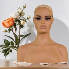 JINGFA Mannequin Head with Shoulders Realistic Manikin Head with Freckles for Display and Styling for Wigs, Jewelry, and Clothing