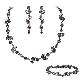 Ever Faith Wedding Crystal Jewelry Sets for Bride, Gorgeous Marquise Round-Shaped Rhinestone Leaf Necklace Dangle Earrings Bracelet Set for Women Black Jet Color Black-Tone