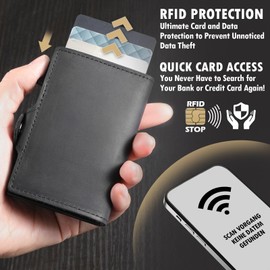 Credit Card Holder Wallet - Genuine Leather Pop Up Card Wallet RFID Blocking Wallets Card Cases with Banknote Compartment ID Window Holds 8 Cards
