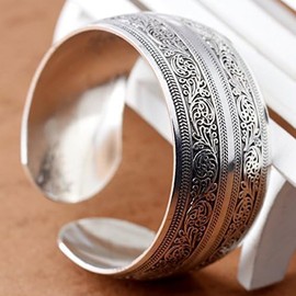 Nlinlin 1Pc Tibeten Silver Carved Spiral Flower Connecting Branches Pattern Wide Band Open Cuff Bracelet Bangle Size adjustable Women Cuff Bracelets