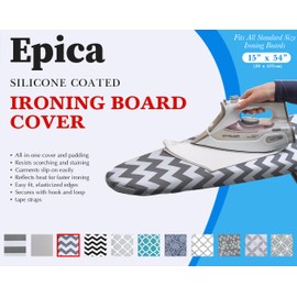 Epica Ironing Board Cover and Pad - Standard Size 15x54 Padded Ironing Board Covers, Heat Reflective Coating, Thick Pads, Scorch & Stain Resistant Iron Board Cover with Padding Grey Chevron