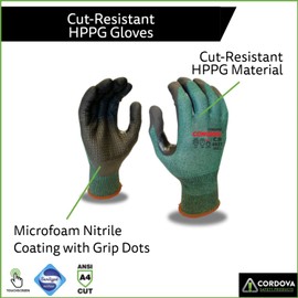 Cordova 6937 Cut Resistant Gloves, 18-Gauge Flexibility, HPPG, Reinforced Thumb, Touchscreen Fingers, Microfoam Nitrile Coating with Nitrile Dots for Extra Grip, Gloves for Work, Medium, 1-Pack