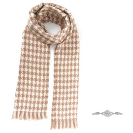 Tartan Scarf, Soft Houndstooth Scarf Comfortable Multiuse Long Scarf for Women Men in Autumn Winter Spring with Clip Brooch 1 pcs, Khaki and White