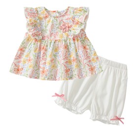 Baby nest Baby Clothes, Girls' 2-Piece Set, Shirt, Pants, Ruffle Sleeves, Summer Clothing, Children's Clothing, 100% Cotton, 26.0 inches (73 cm), 31.5 inches (80 cm), 35.4 inches (90 cm), 39.4 inches