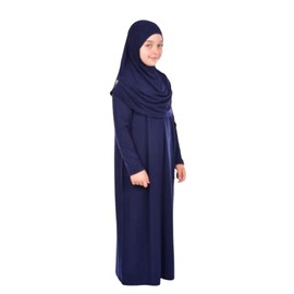 Prien Kids Prayer Dress Muslim Clothes for Girls Long Sleeve Abaya with Hijab Two Piece Maxi Islamic Set Scarf Kaftan Jilbab (Navy Blue)