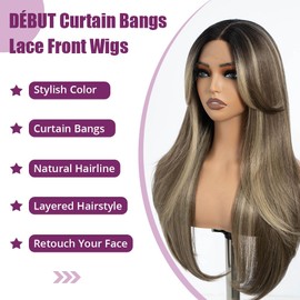 DÉBUT Ombre Ash Blonde Synthetic Lace Front Wigs with Curtain Bangs, Highlight Light Brown Blond Long Straight Layered Wigs with Bangs, Middle Part with Natural Hairline 26 Inches Wigs for Women