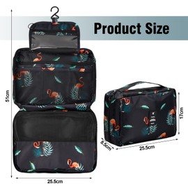 Large Hanging Toiletry Bag Travel, Waterproof Makeup Bag with 4 Compartments, Foldable Cosmetic Bags Organizer for Bathroom Shower, Portable Hanging Wash Bag for Women Men Kids (Black Flamingo)