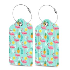 Luggage Tags for Suitcase Flamingo Pineapples and Exotic Leaves 2 PCS Leather Travel Cruise Luggage Tag with Stainless Steel Loop Name ID Label Privacy Cover for Women Men Travel Bag Labels Set