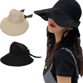 NDOOL Sombrero del Sol para Mujer 2 Unidades, Sombrero de Visera Ajustable con Lazo, Sombrero Paja, Gorra de Golf, Sombrero de Playa, ala Ancha para Verano, Paquete 2 Packs