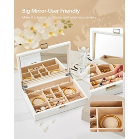 Vee Jewelry Box with Lid,Jewelry Organizer with big Mirror,PU Leather Jewelry Storage Display Holder for Necklace Earrings Rings Bracelets,Lockable,Gift for Women Girls, (White)