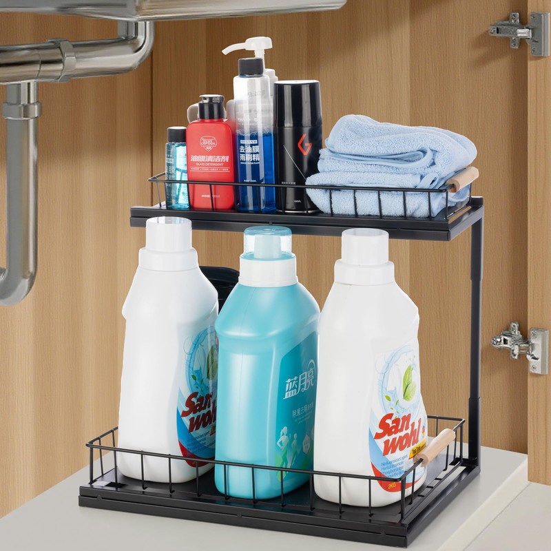 VESTCDF Under Sink Organizer, 2-Tier Pull-Out Cabinet Storage Shelf, Multi-Purpose
