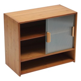 Small Bamboo Kitchen Pantry Sideboard, 3-Tier Storage Cabinet with Sliding Glass Doors, Modern Cupboard for Kitchen, Bathroom, Bedroom & Living Room, 33 lbs Capacity