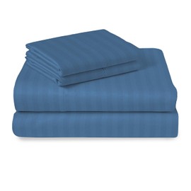 Pizuna Cotton Sheets King Size, 300 Thread Count Long Staple Cotton Soft Sateen Sheets King with 15" Deep Pocket (Combed Stripe Luxury Blue Cotton Sheets King)