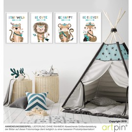 artpin® Set of 4 Poster Pictures for Children's Room - Decorative Boy Girl - A4 Wall Pictures Baby Room - Indian Forest Animals Safari Scandinavian Boho Jungle Colourful (P44)